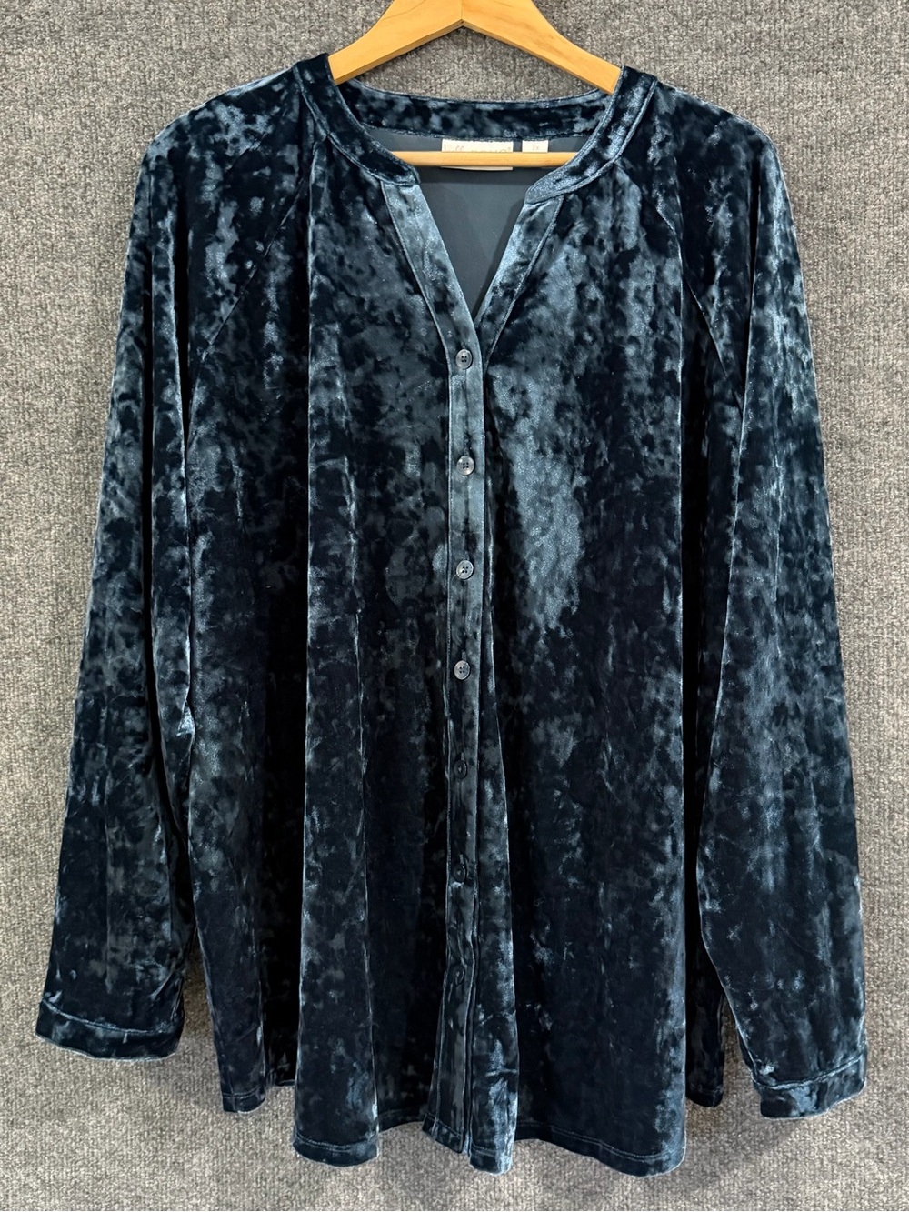 Belle Boho Kim Gravel Velour Button Up Top Womens 2X Blue Casual Office